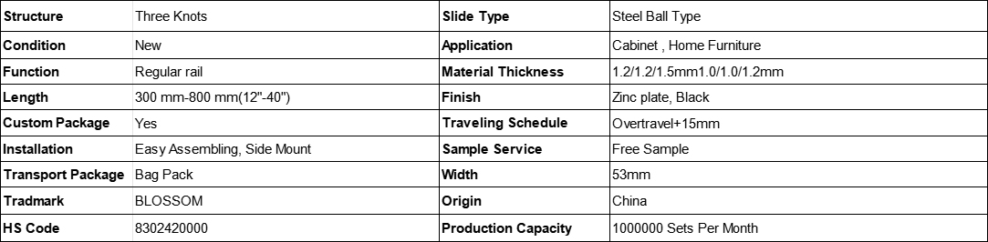 Model 13053 53mm heavy duty over-travel ball bearing drawer slides specification table, cold rolled steel side mount locking drawer runners parameter sheet, 300-800mm cabinet slide data with thickness, finish, package, HS code, production capacity details